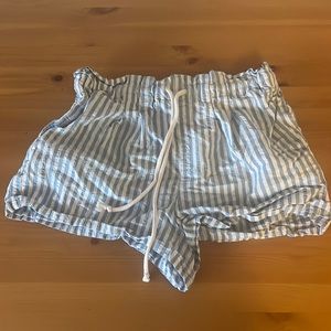 Blue and white striped shorts with rope drawstring
